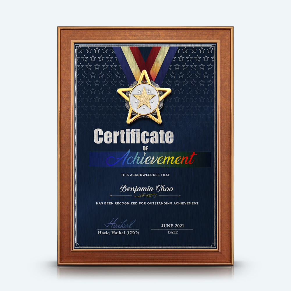 Full Colour Personalized A4 Certificate Of Achievement (Dark Brown) - Gold Plated Pewter Star Awards With Crystal Signature Plus