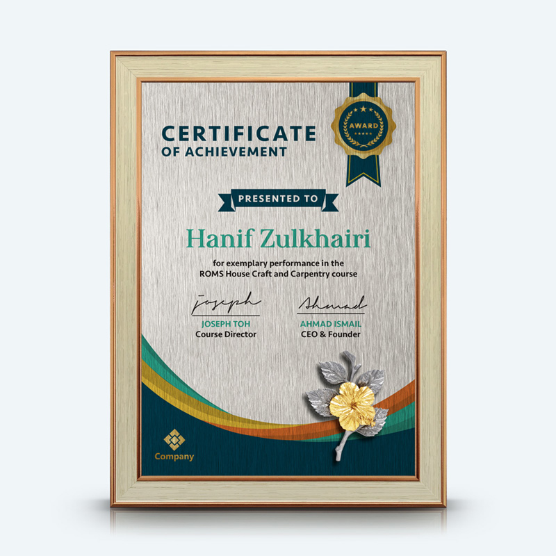Personalized A4 Certificate Frame (Light Brown) With Gold Plated Pewter - Hibiscus Flower (Bunga Raya)