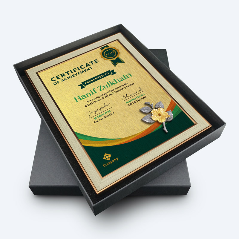 Personalized A4 Certificate Frame (Light Brown) With Gold Plated Pewter - Hibiscus Flower (Bunga Raya) - Image 2