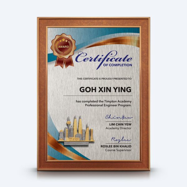 Personalized A4 Certificate Frame (Dark Brown) With Gold Plated Pewter - Kuala Lumpur Landmark