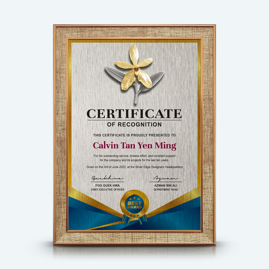 Personalized A4 Certificate Frame (Medium Brown) With Gold Plated Pewter