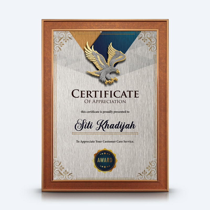 Personalized A4 Certificate Frame (Dark Brown) With Gold Plated Pewter - Flying Eagle