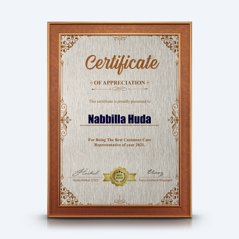 Personalized A4 Certificate Frame (Dark Brown) Certificate Of Appreciation