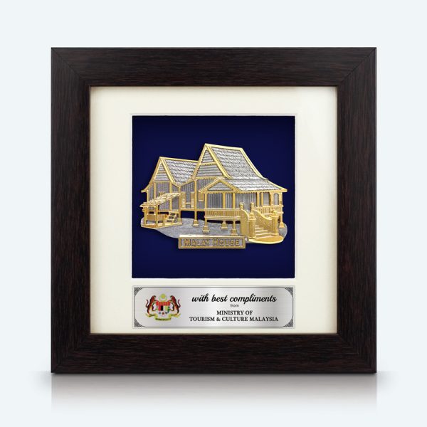 Cenderamata eksklusif bingkai gelap dengan pewter bersalut emas, reka bentuk Rumah Melayu