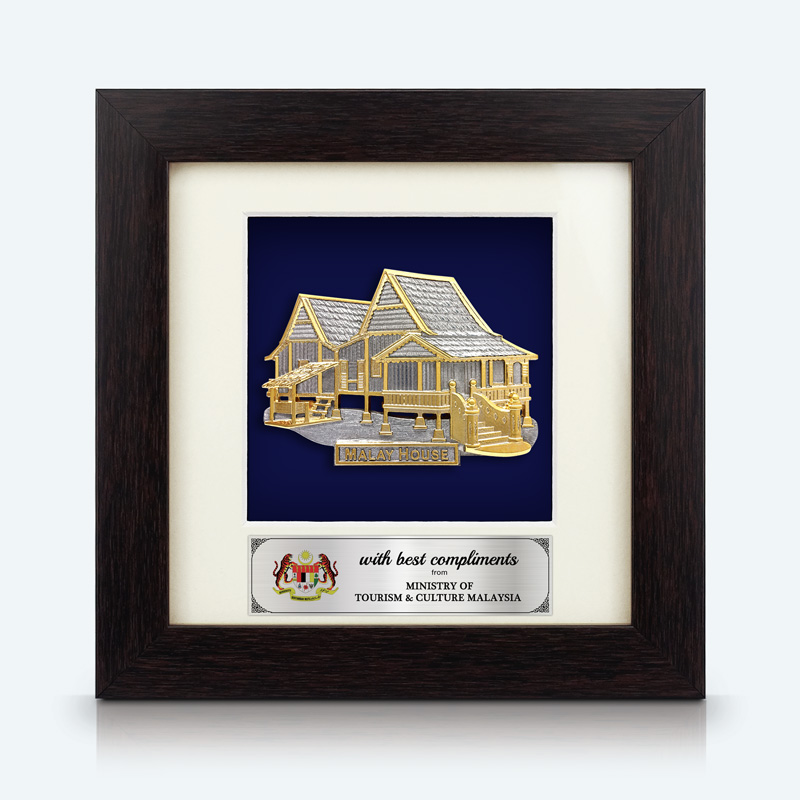 Cenderamata eksklusif bingkai gelap dengan pewter bersalut emas, reka bentuk Rumah Melayu