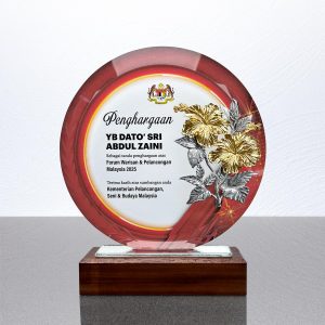 Prestige Round Crystal Plaque (Wood Base) with Gold Plated Pewter Bunga Raya 2 Flowers