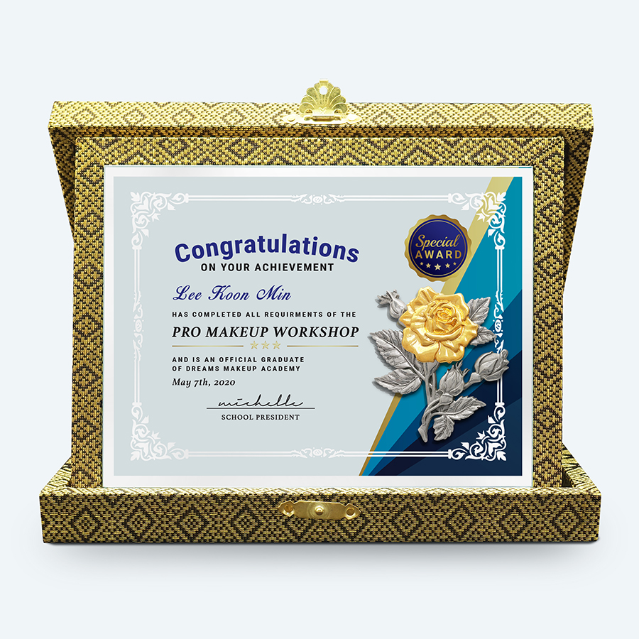 7" x 9" Songket Crystal Award Plaque with Gold Plated Pewter - Rose Flower (Bunga Mawar)