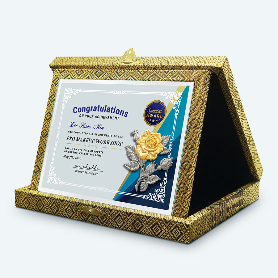 7" x 9" Songket Crystal Award Plaque with Gold Plated Pewter - Rose Flower (Bunga Mawar) - Image 2