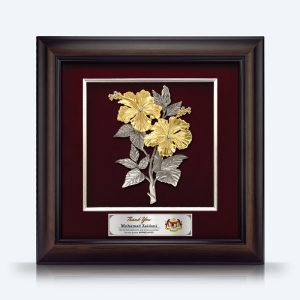 16" x 16" VIP Frame with Gold Plated Pewter: Bunga Raya 2 Flowers (Hibiscus)