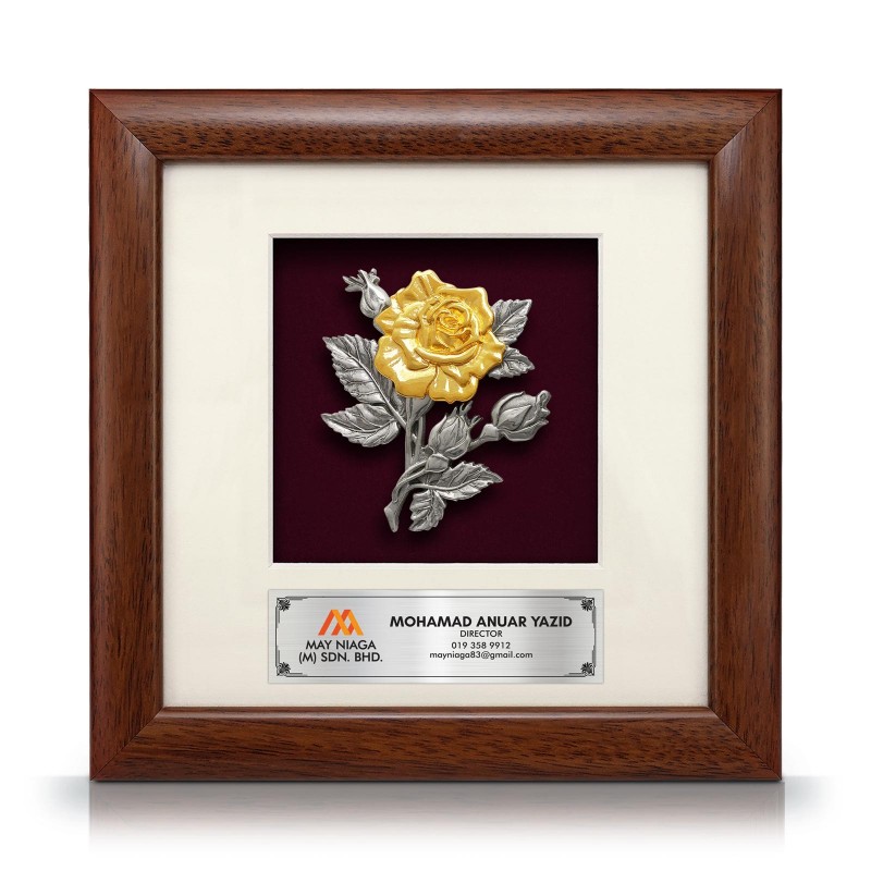 8” x 8” Bingkai Solid Bersadur Pewter Saduran Emas – Bunga Ros