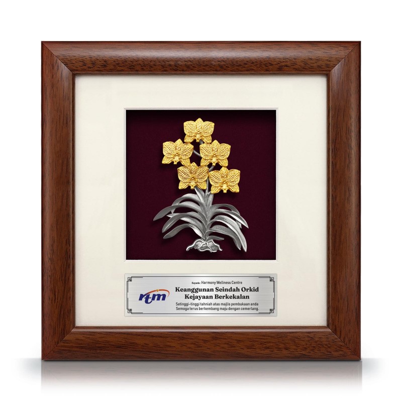 8” x 8” Bingkai Solid Bersadur Pewter Saduran Emas – Bunga Orkid 5 Kuntum (Anggerik)