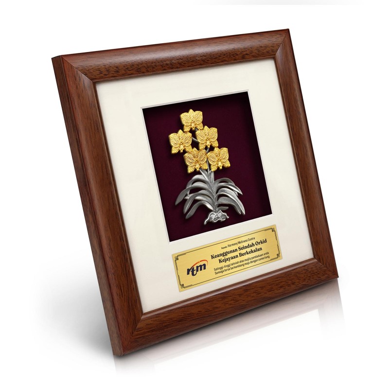 8” x 8” Bingkai Solid Bersadur Pewter Saduran Emas – Bunga Orkid 5 Kuntum (Anggerik) - Image 2